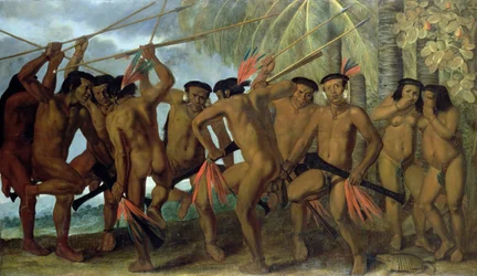 Hommes tapuyas du nord-est du Brésil dansant une danse de guerre, 1641